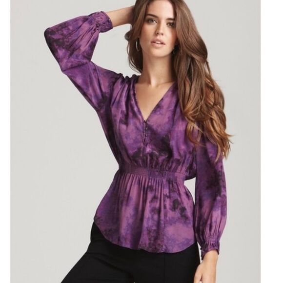 Rebecca Taylor 100% Silk Blouse V Neck Waist Stretch Tie Dye Purple Size 2 - Picture 1 of 6